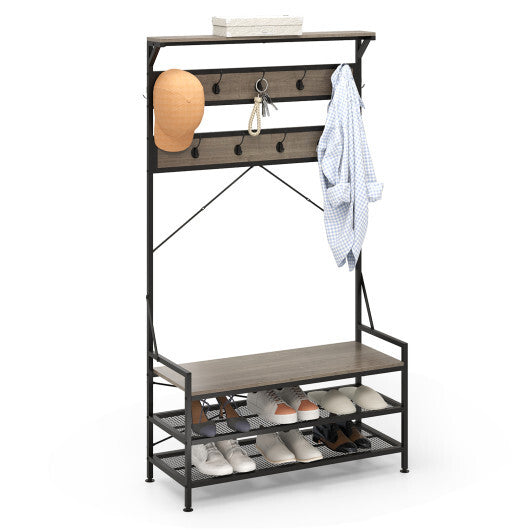 Coat Rack 4-In-1 Hall Tree with 11 Hanging Hooks Shoe Bench-Gray LuxuryLifeWay Online Store