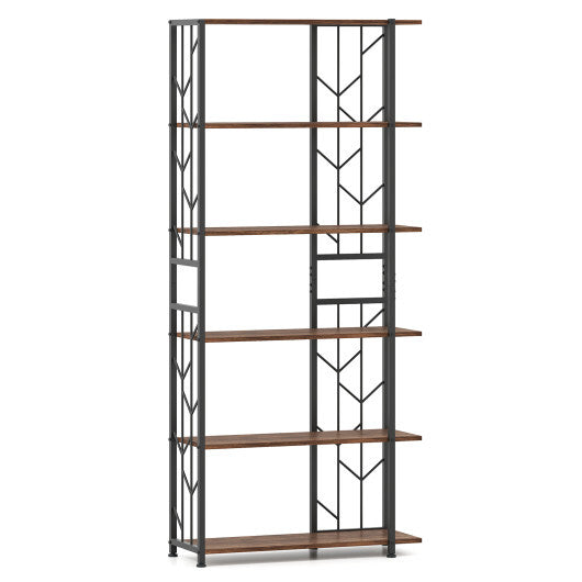 6-Tier Bookshelf Modern Geometric Bookcase with Heavy-duty Metal Frame and Anti-tipping Kits-Rustic Brown