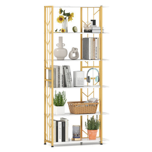 6-Tier Bookshelf Modern Geometric Bookcase with Heavy-duty Metal Frame and Anti-tipping Kits-Rustic Brown