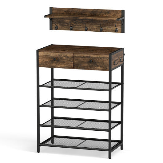 Coat Rack Shoe Stand Set 5-Tier Shoe Rack with Wall-Mounted Coat Hanger-Brown LuxuryLifeWay Online Store