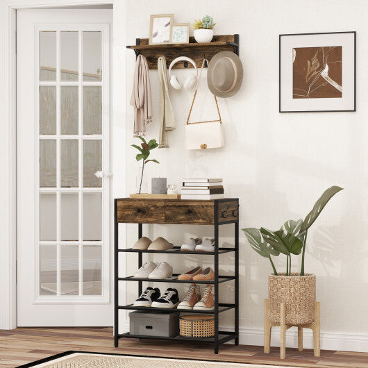 Coat Rack Shoe Stand Set 5-Tier Shoe Rack with Wall-Mounted Coat Hanger-Brown LuxuryLifeWay Online Store