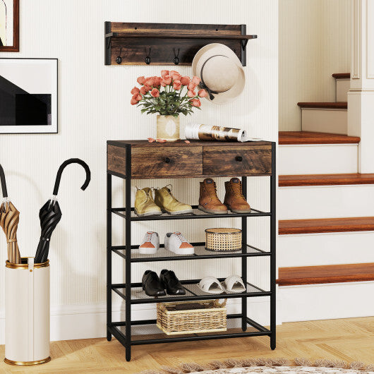 Coat Rack Shoe Stand Set 5-Tier Shoe Rack with Wall-Mounted Coat Hanger-Brown LuxuryLifeWay Online Store