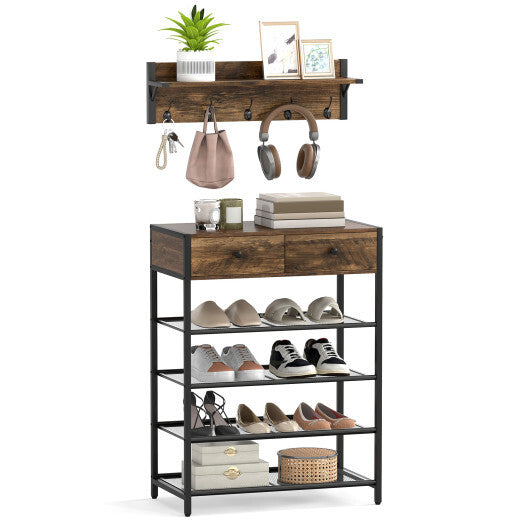 Coat Rack Shoe Stand Set 5-Tier Shoe Rack with Wall-Mounted Coat Hanger-Brown LuxuryLifeWay Online Store