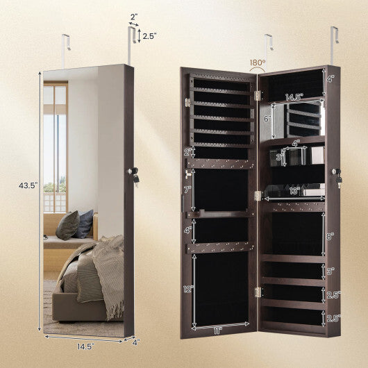 43.5 Inch Jewelry Mirror Cabinet with Full-length Mirror and Adjustable Hangers-Rustic Brown LuxuryLifeWay Online Store