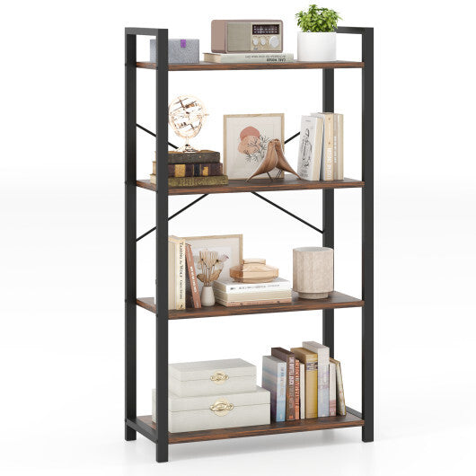 4-Tier Bookshelf with Heavy Duty Metal Frame Industrial Display Shelf-Rustic Brown