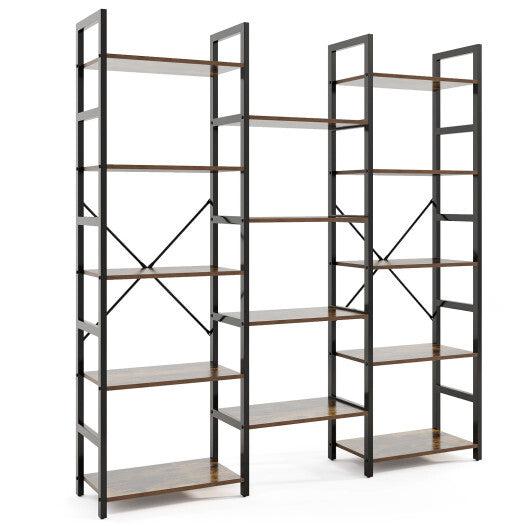 5-tier Triple Wide Heavy-duty Metal Frame Industrial Bookshelf-Rustic Brown