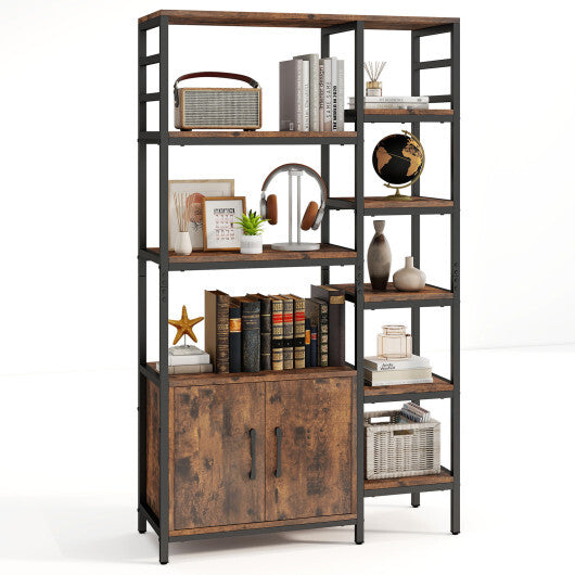 Double Wide 8-Tier Bookshelf with 2-Door Cabinet for Living Room Home Office-Rustic Brown