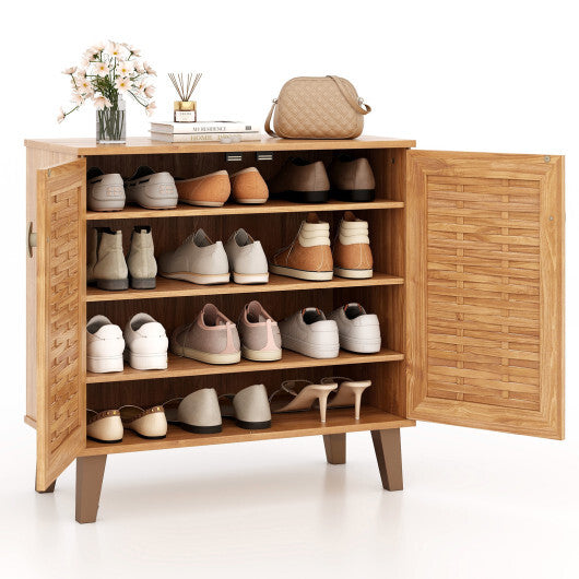 2-Door 4-Tier Shoe Cabinet Storage Organizer with Ventilated Woven Doors-Teak LuxuryLifeWay Online Store