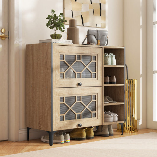 Rustic Shoe Cabinet with Flip-up See-through Doors and Adjustable Shelves-Oak LuxuryLifeWay Online Store