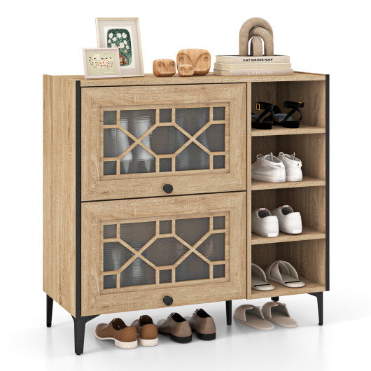 Rustic Shoe Cabinet with Flip-up See-through Doors and Adjustable Shelves-Oak LuxuryLifeWay Online Store
