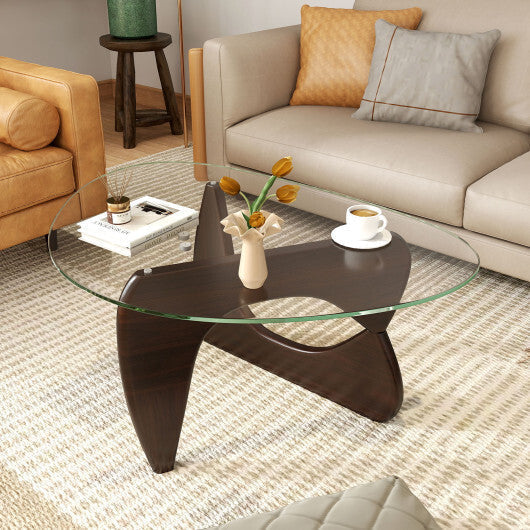 Triangle Coffee Table with Tempered Glass Top and Adjustable Rubber Wood Base-Walnut LuxuryLifeWay Online Store