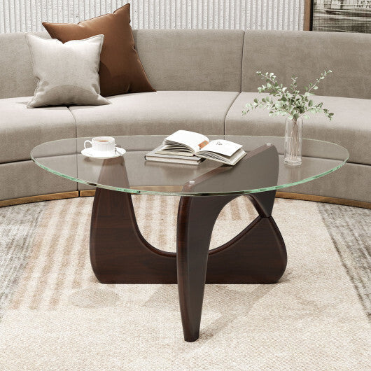 Triangle Coffee Table with Tempered Glass Top and Adjustable Rubber Wood Base-Walnut LuxuryLifeWay Online Store
