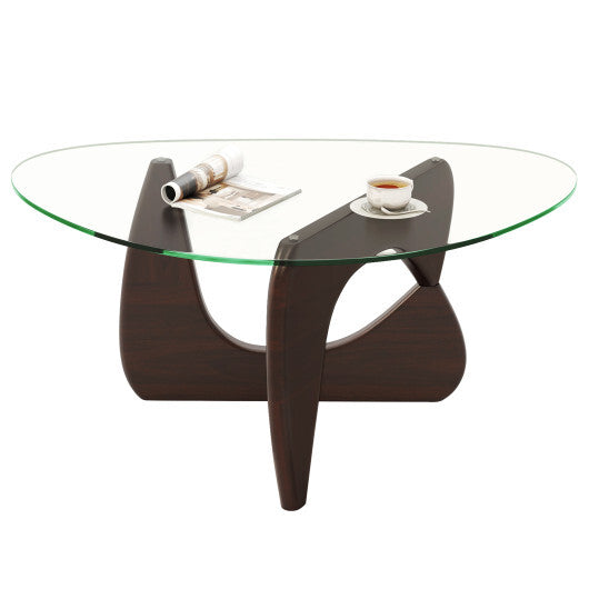 Triangle Coffee Table with Tempered Glass Top and Adjustable Rubber Wood Base-Walnut LuxuryLifeWay Online Store