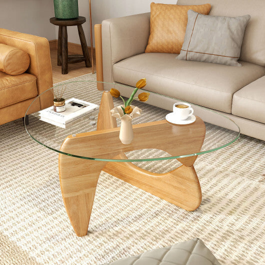 Triangle Coffee Table with Tempered Glass Top and Adjustable Rubber Wood Base-Walnut LuxuryLifeWay Online Store