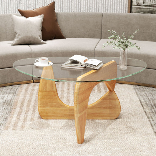 Triangle Coffee Table with Tempered Glass Top and Adjustable Rubber Wood Base-Walnut LuxuryLifeWay Online Store