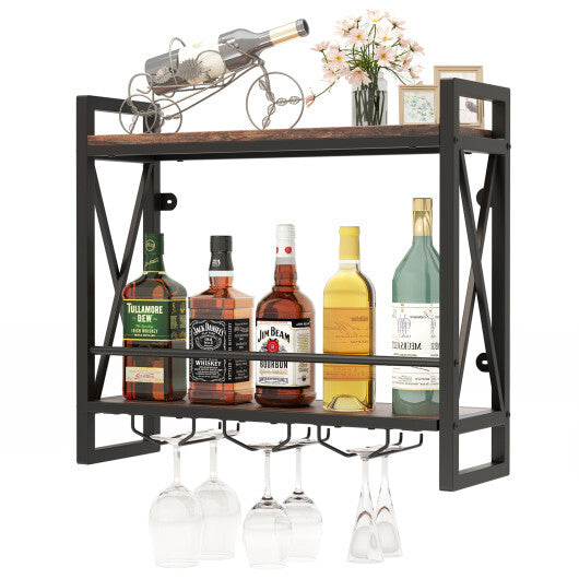 Wall Mounted Wine Rack with 2-Tier Shelves and 3 Glass Holders