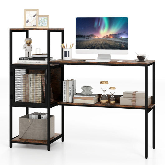 Computer Desk with Bookshelf Home Office Desk with Storage Cabinet and Shelves-Rustic Brown