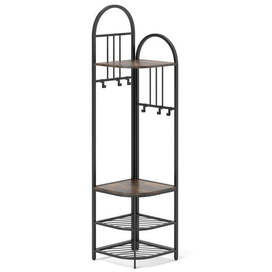 4-Tier Coat Rack Corner Hall Tree with Shoe Storage Bench-Rustic Brown