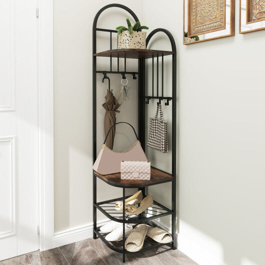 4-Tier Coat Rack Corner Hall Tree with Shoe Storage Bench-Rustic Brown