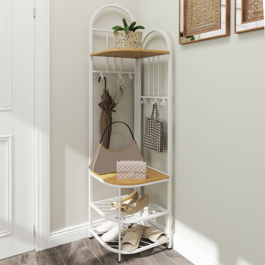 4-Tier Coat Rack Corner Hall Tree with Shoe Storage Bench-Rustic Brown