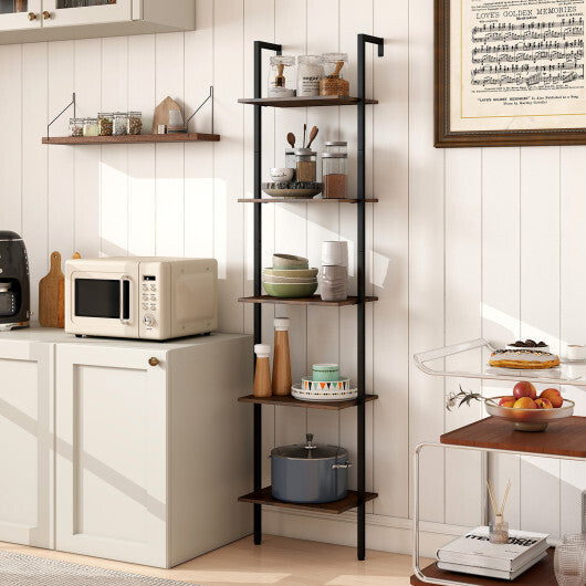 5 Tier Wall Mount Ladder Shelf with Anti-Tipping Kits for Home Office-Rustic Brown LuxuryLifeWay Online Store