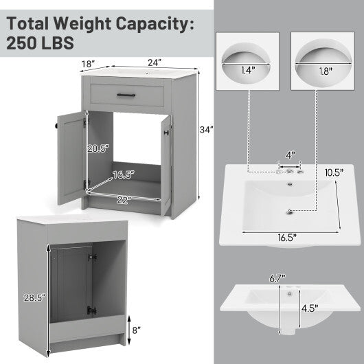 Bathroom Vanity Unit with Basin and 2 Doors-Gray