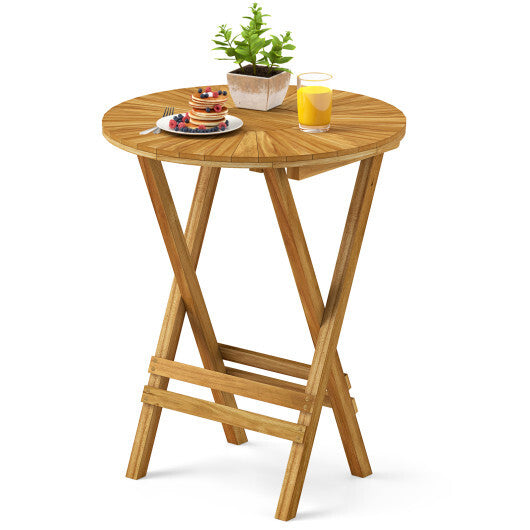 Patio Folding Side Table Teak Wood Round End Table with Slatted Tabletop and X-Shaped Frame LuxuryLifeWay Online Store