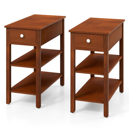 3-Tier Narrow End Table with Drawer and Storage Shelves Set of 2-Brown LuxuryLifeWay Online Store