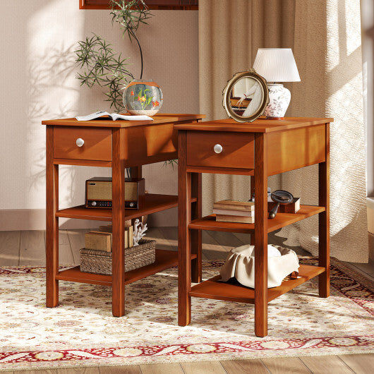 3-Tier Narrow End Table with Drawer and Storage Shelves Set of 2-Brown LuxuryLifeWay Online Store