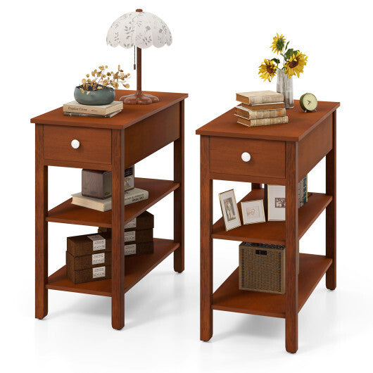 3-Tier Narrow End Table with Drawer and Storage Shelves Set of 2-Brown LuxuryLifeWay Online Store