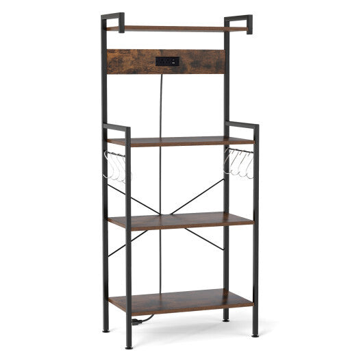 4-Tier Kitchen Bakers Rack with Power Outlet and 8 Hooks-Rustic Brown LuxuryLifeWay Online Store