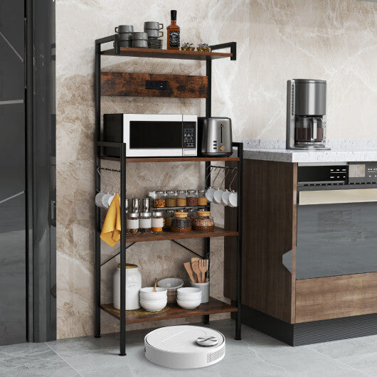 4-Tier Kitchen Bakers Rack with Power Outlet and 8 Hooks-Rustic Brown LuxuryLifeWay Online Store