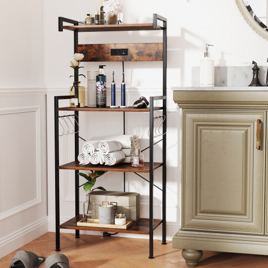 4-Tier Kitchen Bakers Rack with Power Outlet and 8 Hooks-Rustic Brown LuxuryLifeWay Online Store