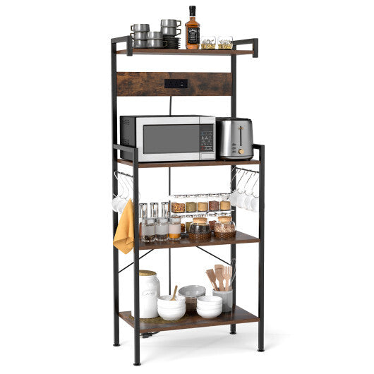 4-Tier Kitchen Bakers Rack with Power Outlet and 8 Hooks-Rustic Brown LuxuryLifeWay Online Store