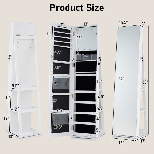360 Swivel Jewelry Cabinet with Full Length Mirror-White LuxuryLifeWay Online Store