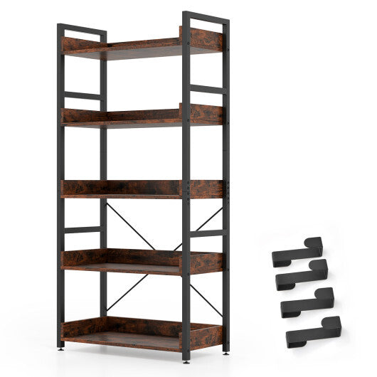 5-Tier Bookshelf with 4 Hooks Industrial Storage Bookcase-Rustic Brown LuxuryLifeWay Online Store