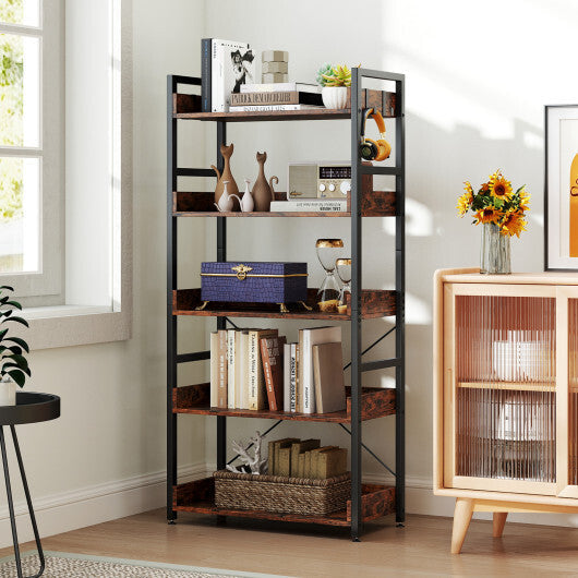 5-Tier Bookshelf with 4 Hooks Industrial Storage Bookcase-Rustic Brown LuxuryLifeWay Online Store
