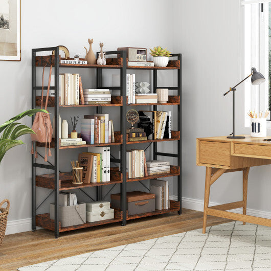 5-Tier Bookshelf with 4 Hooks Industrial Storage Bookcase-Rustic Brown LuxuryLifeWay Online Store