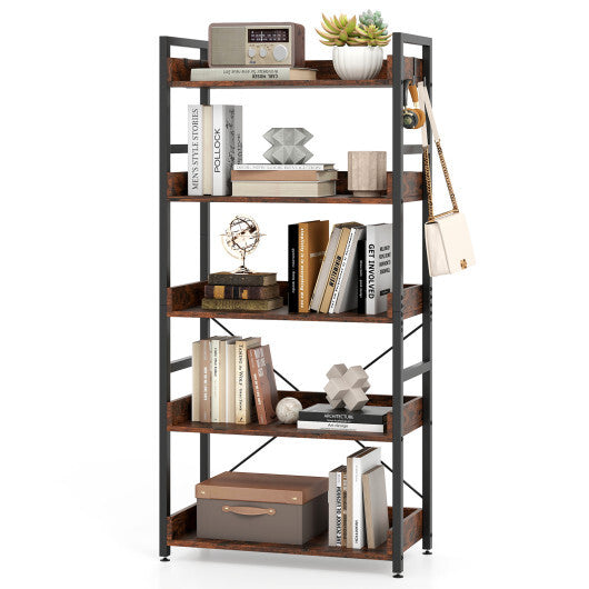 5-Tier Bookshelf with 4 Hooks Industrial Storage Bookcase-Rustic Brown LuxuryLifeWay Online Store