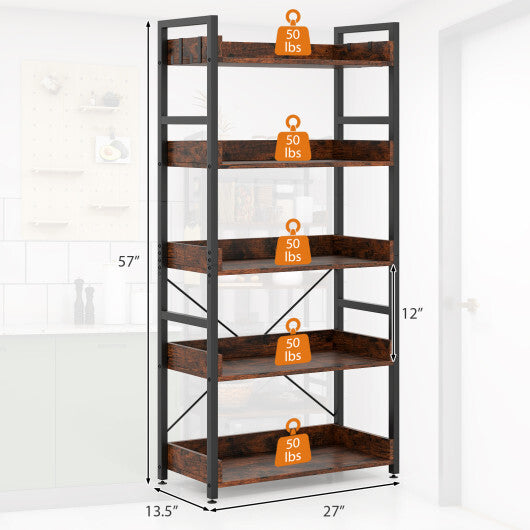 5-Tier Bookshelf with 4 Hooks Industrial Storage Bookcase-Rustic Brown LuxuryLifeWay Online Store