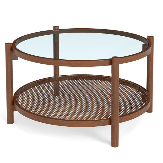 31 Inch 2-Tier Round Coffee Table with Tempered Glass Top for Living Room-Cherry LuxuryLifeWay Online Store