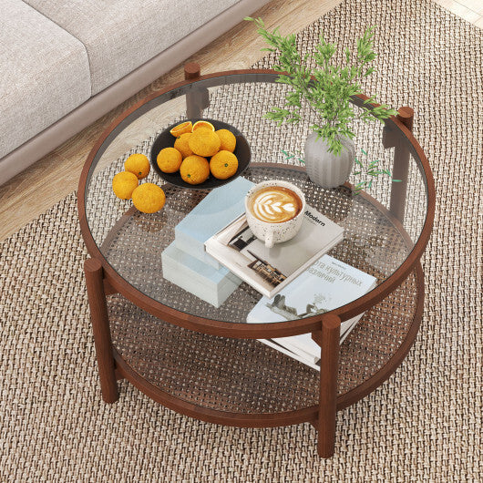 31 Inch 2-Tier Round Coffee Table with Tempered Glass Top for Living Room-Cherry LuxuryLifeWay Online Store