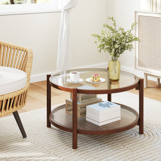 31 Inch 2-Tier Round Coffee Table with Tempered Glass Top for Living Room-Cherry LuxuryLifeWay Online Store