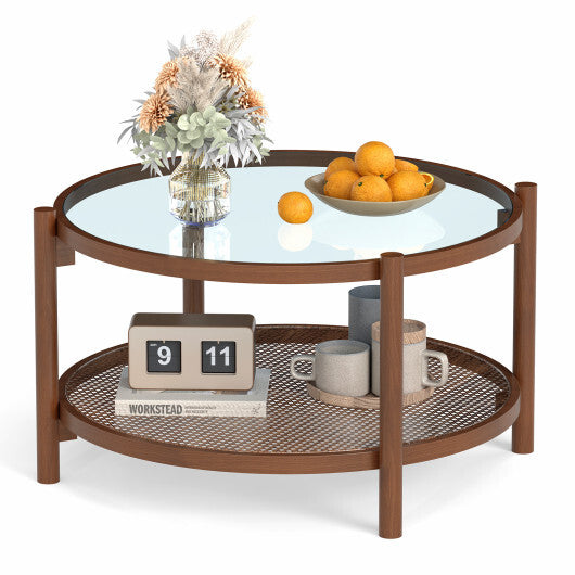 31 Inch 2-Tier Round Coffee Table with Tempered Glass Top for Living Room-Cherry LuxuryLifeWay Online Store