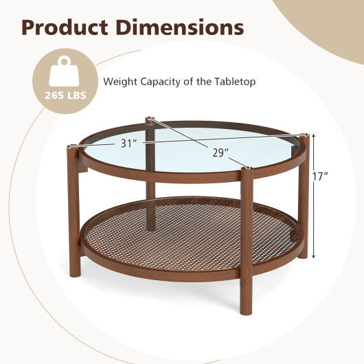 31 Inch 2-Tier Round Coffee Table with Tempered Glass Top for Living Room-Cherry LuxuryLifeWay Online Store