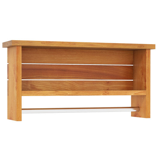 Wall-Mounted 2-Tier Solid Teak Wood Bathroom Shelf with Towel Bar