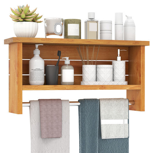 Wall-Mounted 2-Tier Solid Teak Wood Bathroom Shelf with Towel Bar