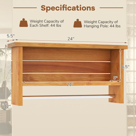 Wall-Mounted 2-Tier Solid Teak Wood Bathroom Shelf with Towel Bar