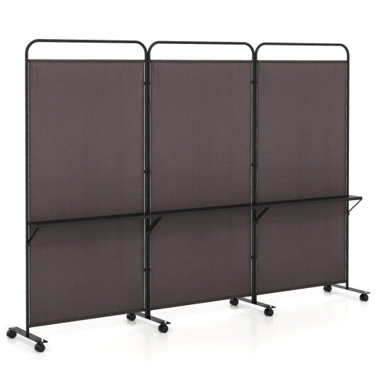 3-Panel Folding Room Divider with 3 Metal Shelves and Lockable Wheels-Black LuxuryLifeWay Online Store