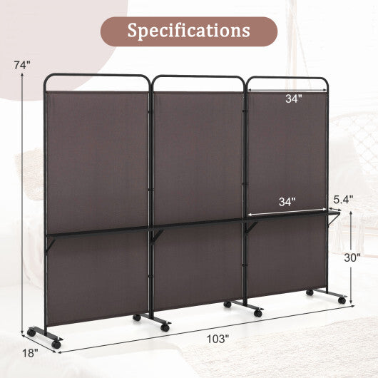 3-Panel Folding Room Divider with 3 Metal Shelves and Lockable Wheels-Black LuxuryLifeWay Online Store